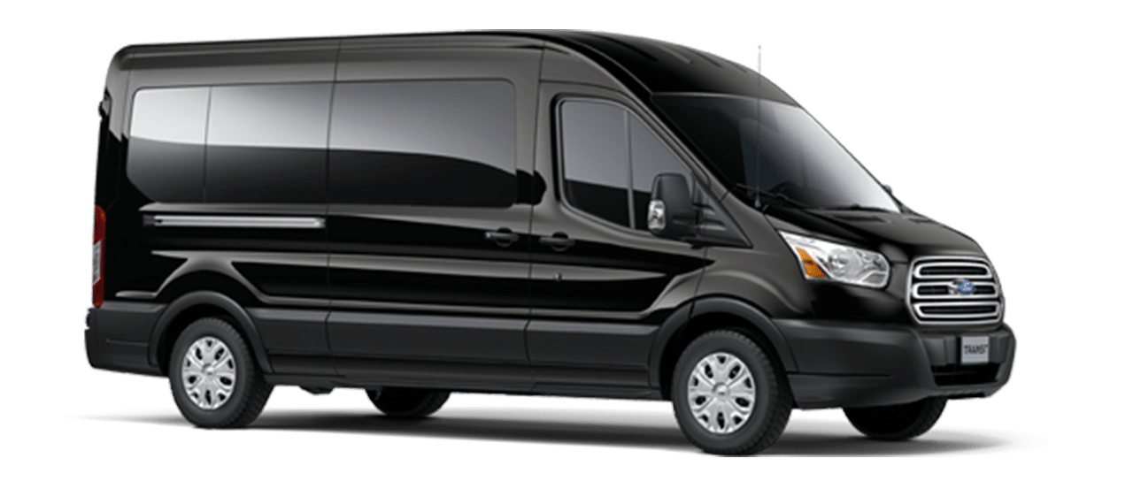 Black Ford Transit high roof extended passenger van